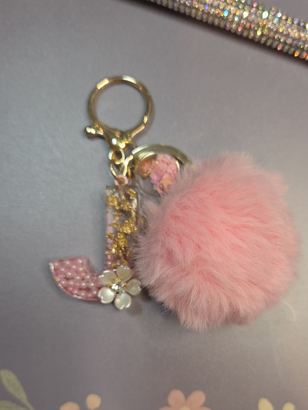 Pink Fluffy Pom Keychain with Resin Letter "J"- Flower and Glass Confetti Ball